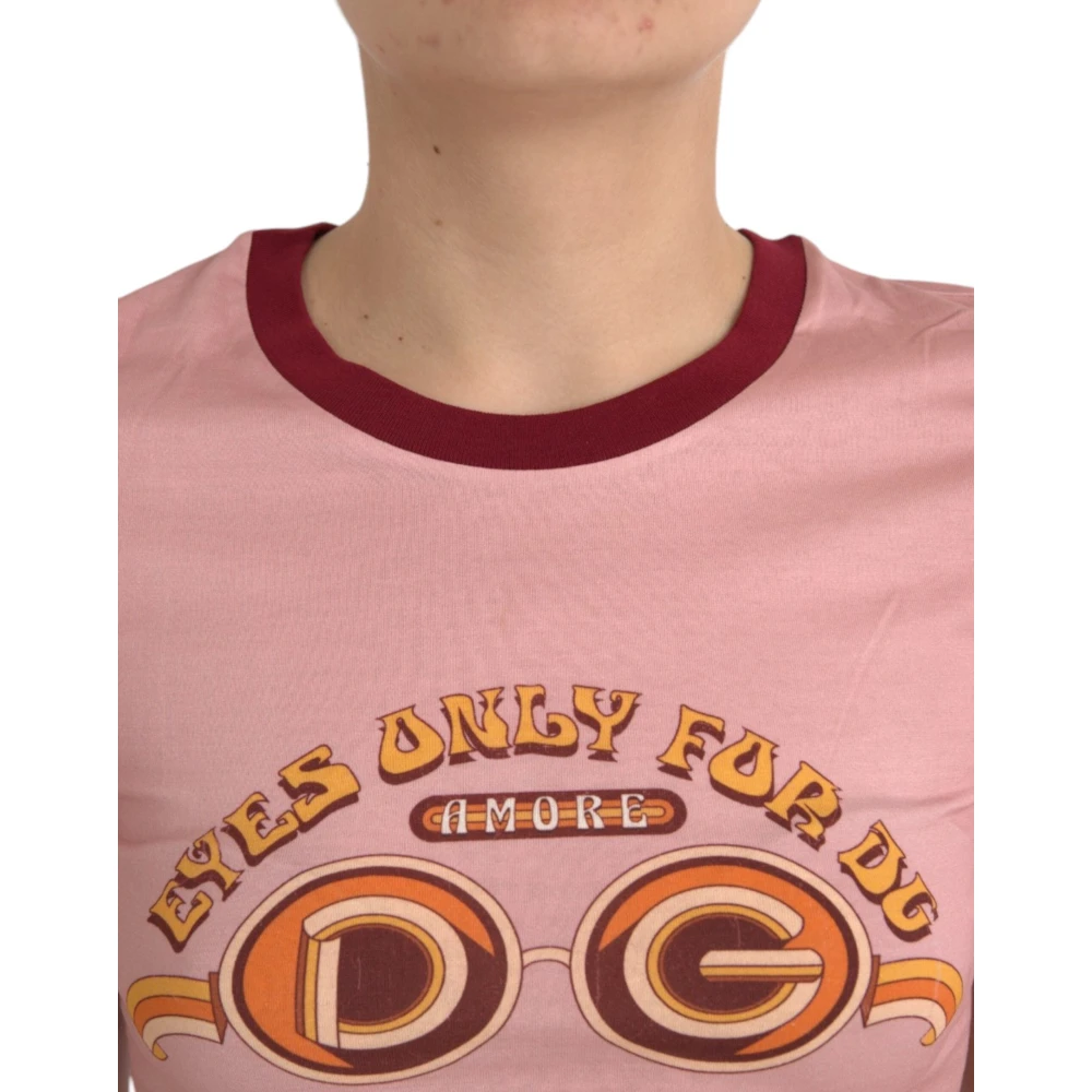 Dolce & Gabbana Rosa Katoenen T-shirt met Logo Print Pink Dames