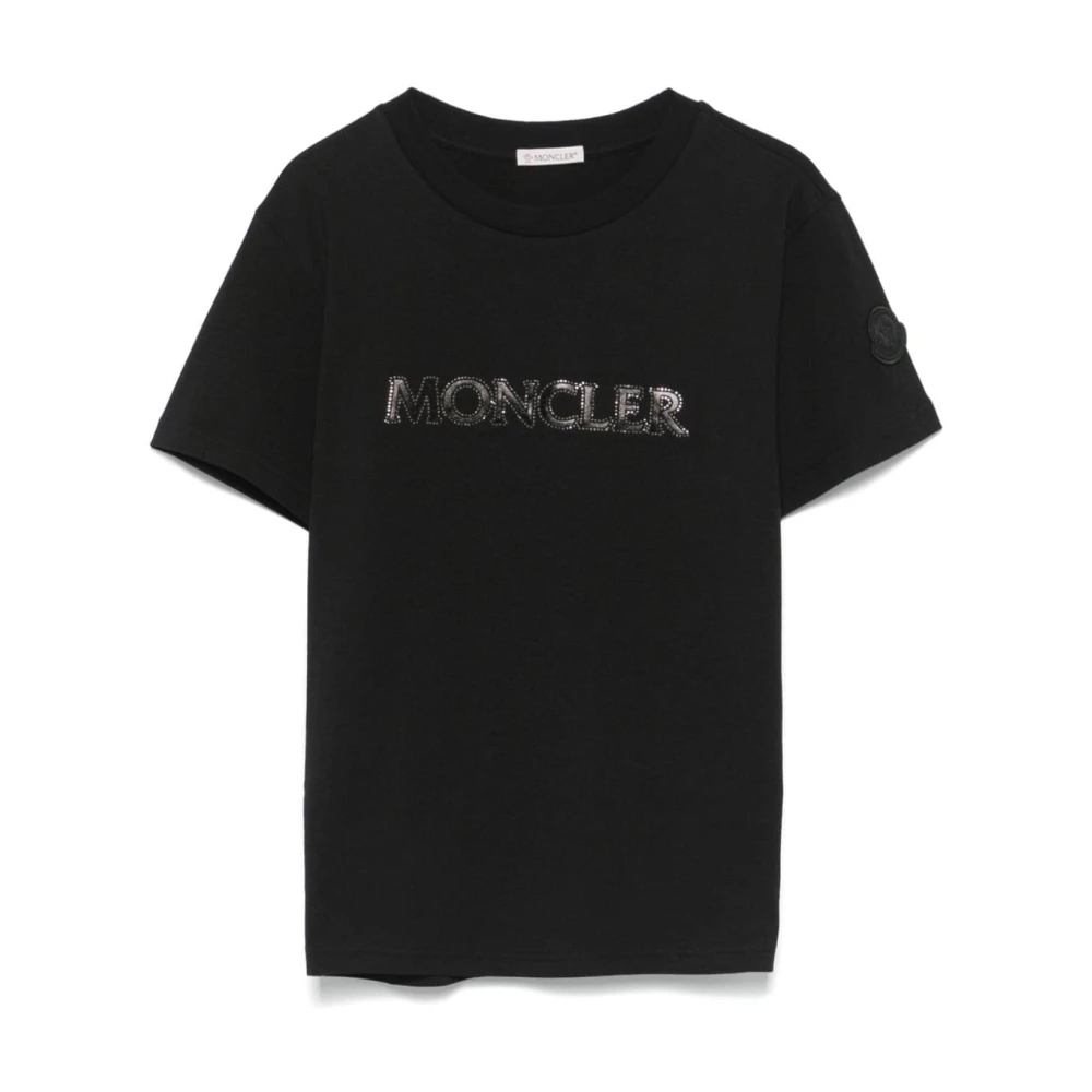 Moncler Zwarte katoenen T-shirt met strass logo Black Dames