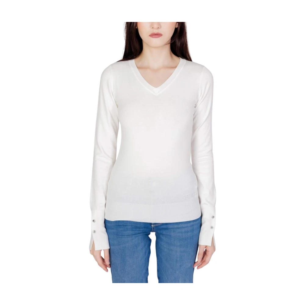 Guess Gena Vn Ls Jumper - Female - V-Neck Knitwear - White - Xl - Knitwear