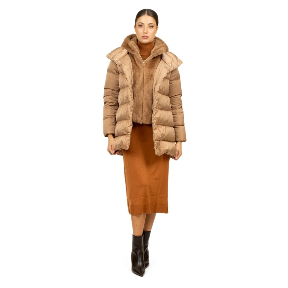 Herno Zwarte Polyester Midi Jas met Eco Bont Capuchon Brown Dames