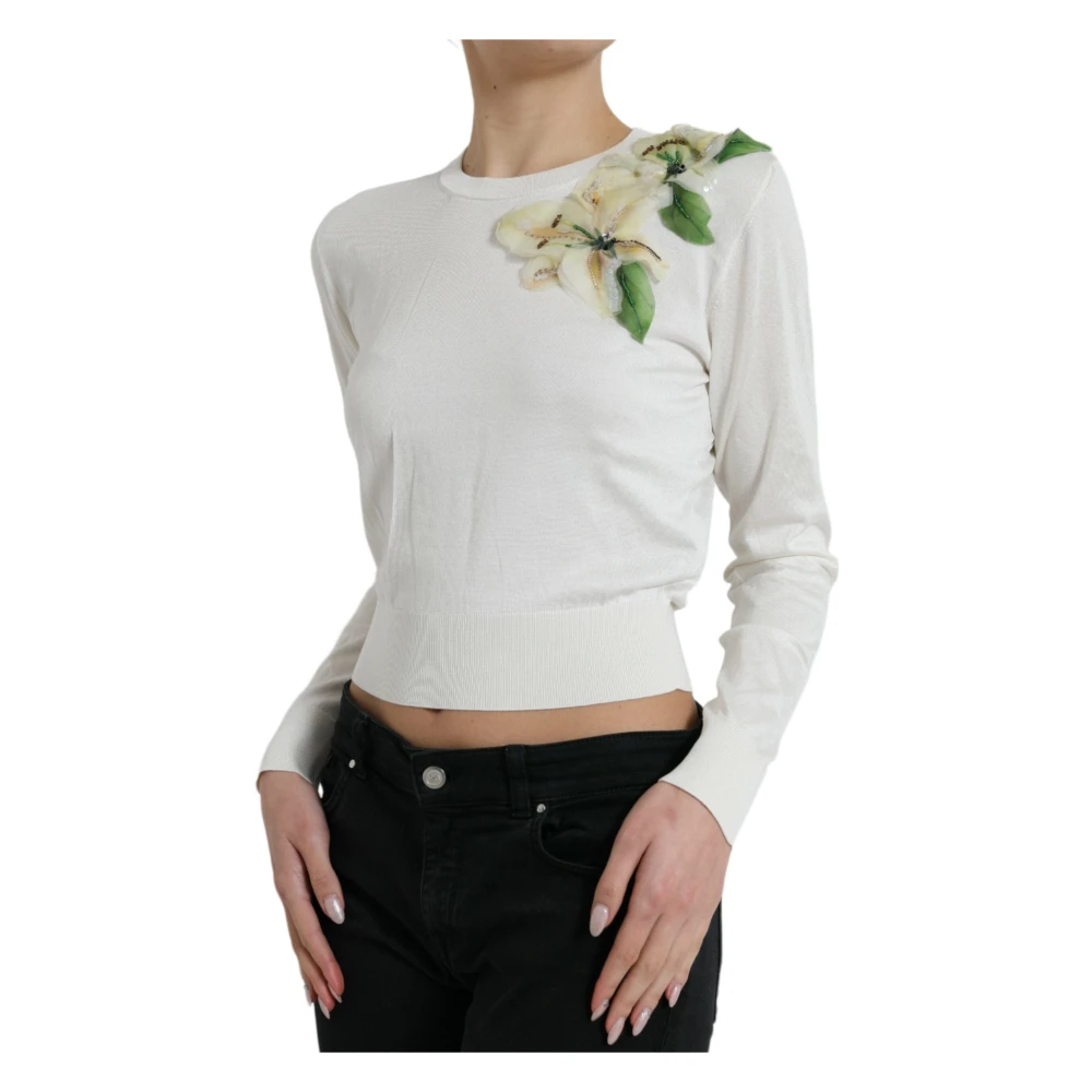 Dolce & Gabbana Women's White Round-Neck Knitwear,, Silk Floral Applique Pullover Jumper Medium