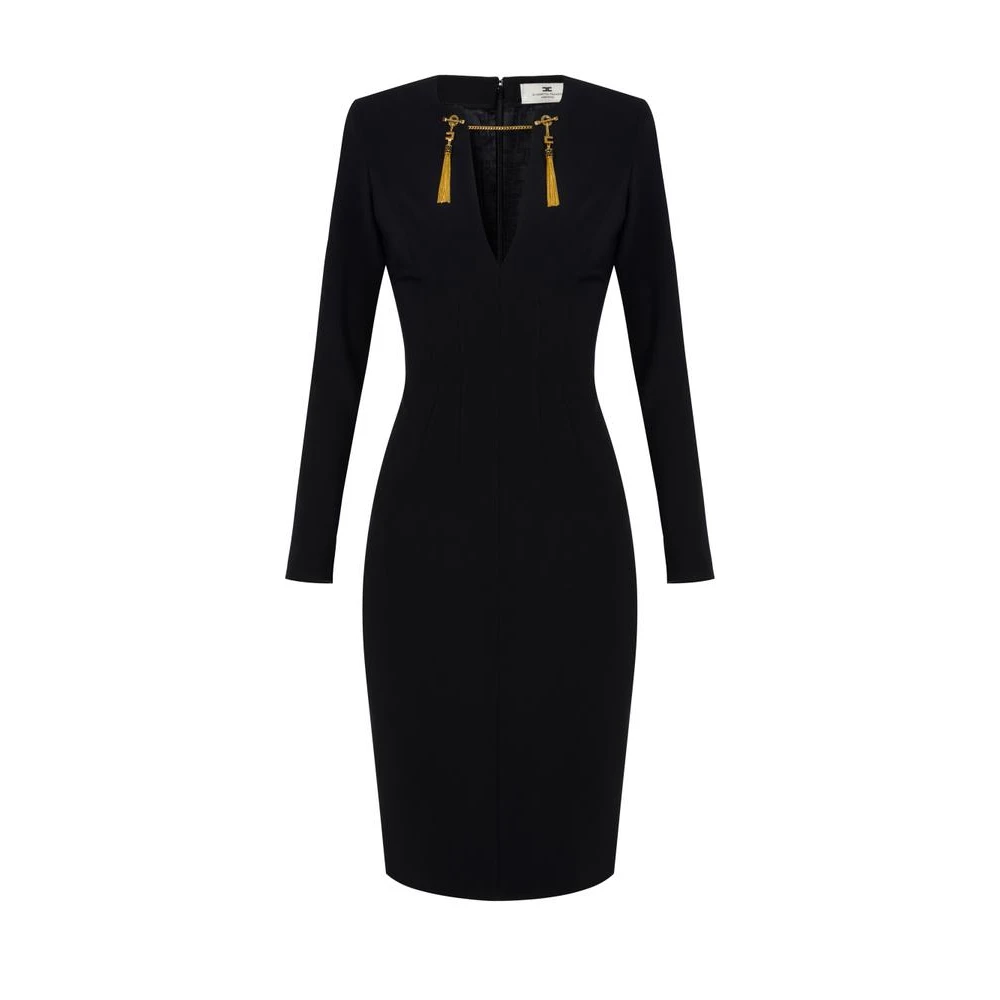 Elisabetta Franchi Black Dress In Lightweight Crêpe Fabric With Jewel Chain - Female - Midi Dresses - S - Dresses