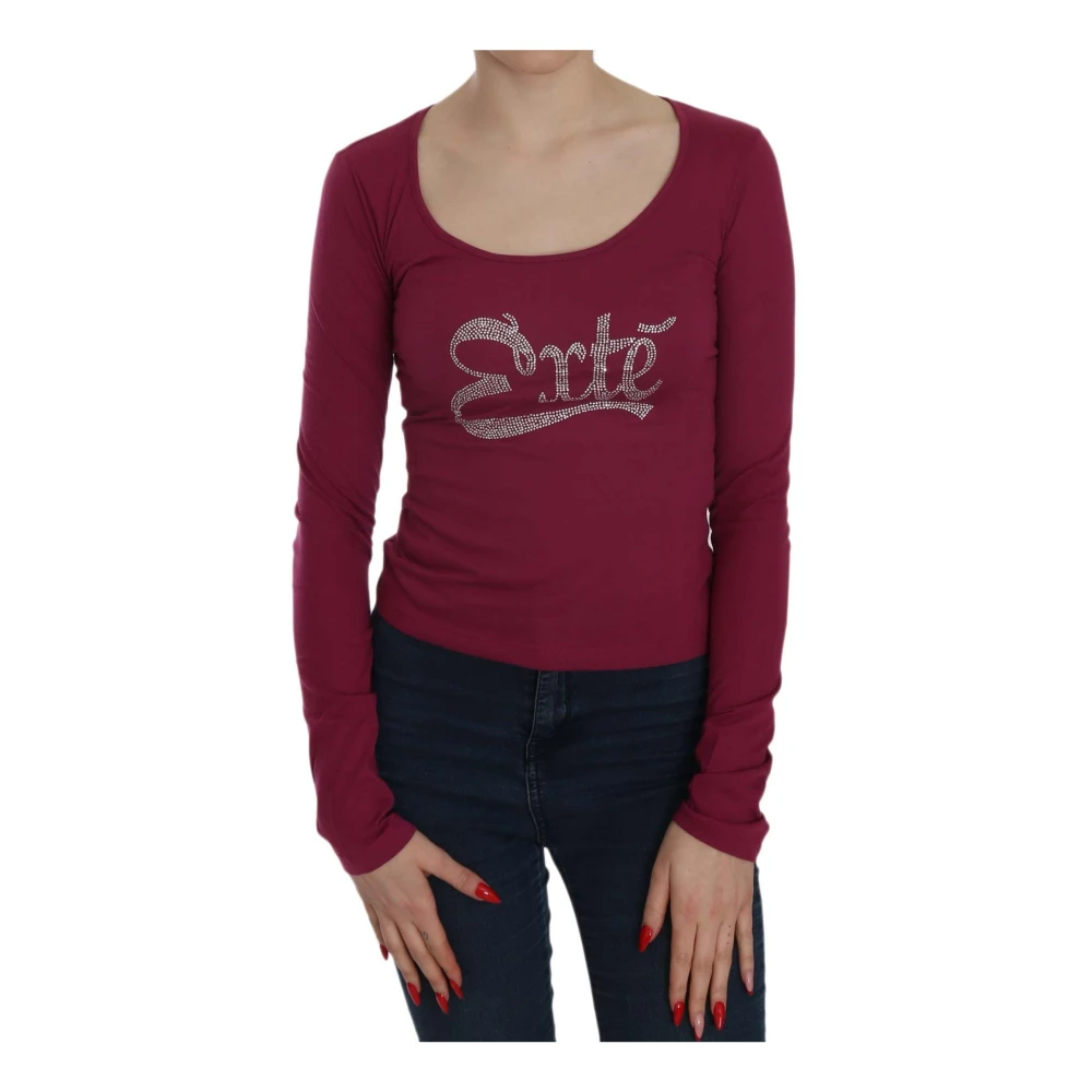 Exte Red Fuchsia Crystal Embellished Blouse With U-Neckline - Female - Long Sleeve T-Shirts - Xs - Tops
