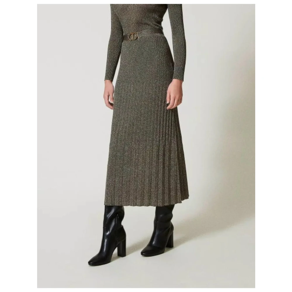 Twinset Geribbelde Midi Rok met Lurex Green Dames