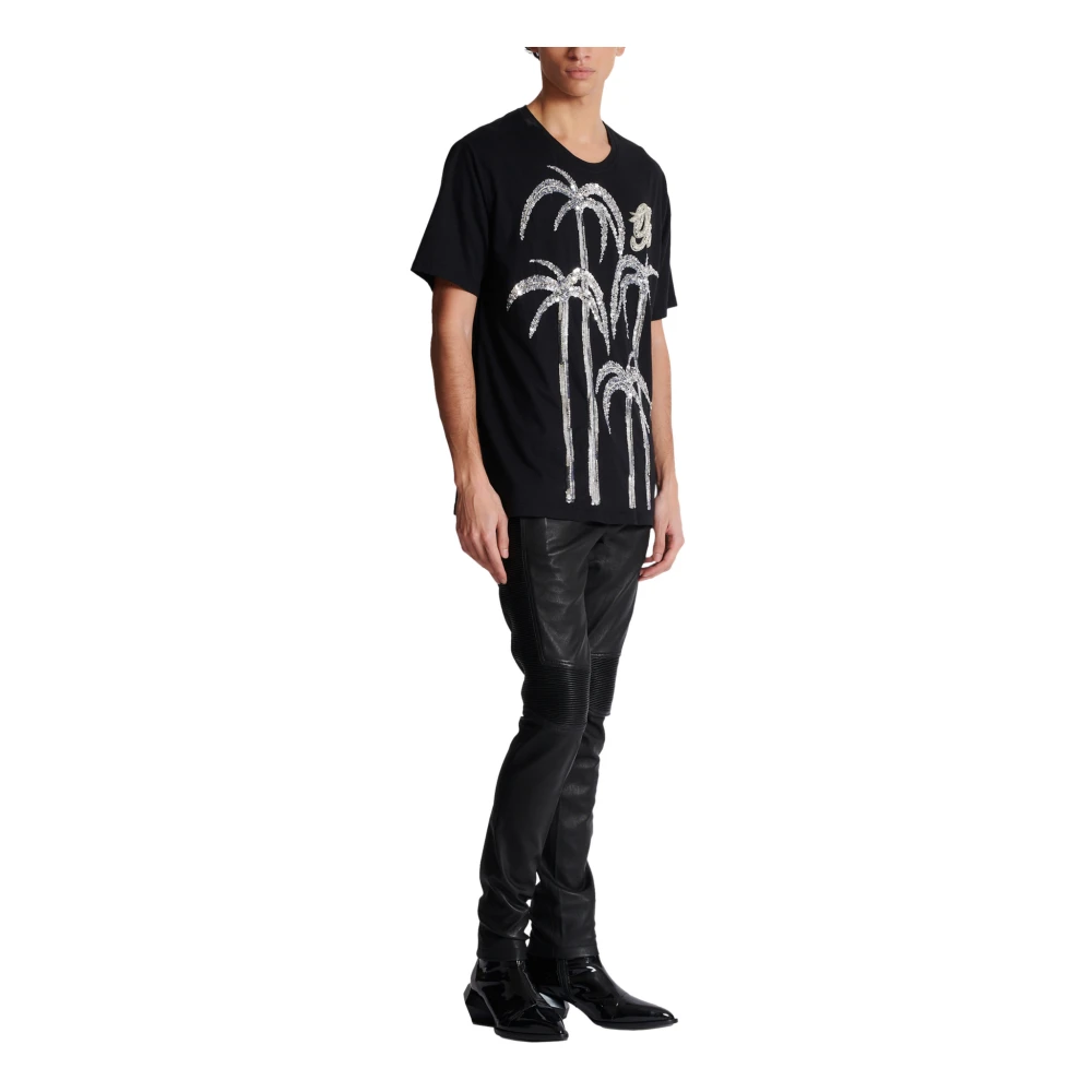 Balmain Palmboom geborduurd T-shirt Black Heren