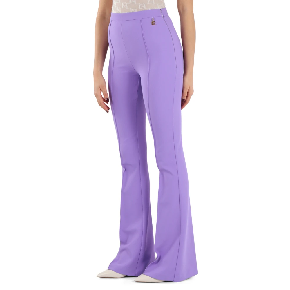 Elisabetta Franchi Uitlopende broek van stretch crepe met logo plaatje Purple Dames