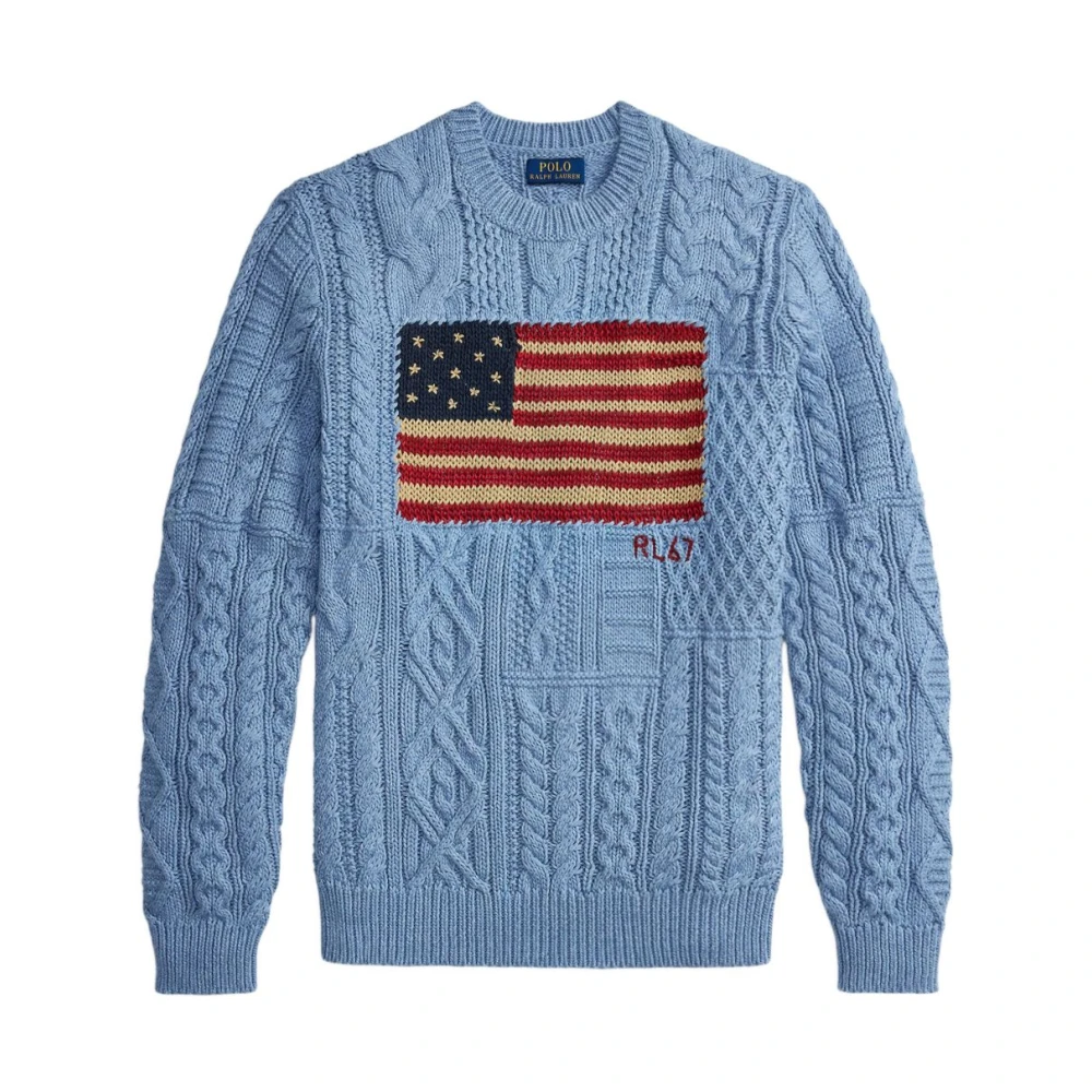 Polo Ralph Lauren Men's Blue Round-Neck Knitwear, M, Iconic Flag Jumper