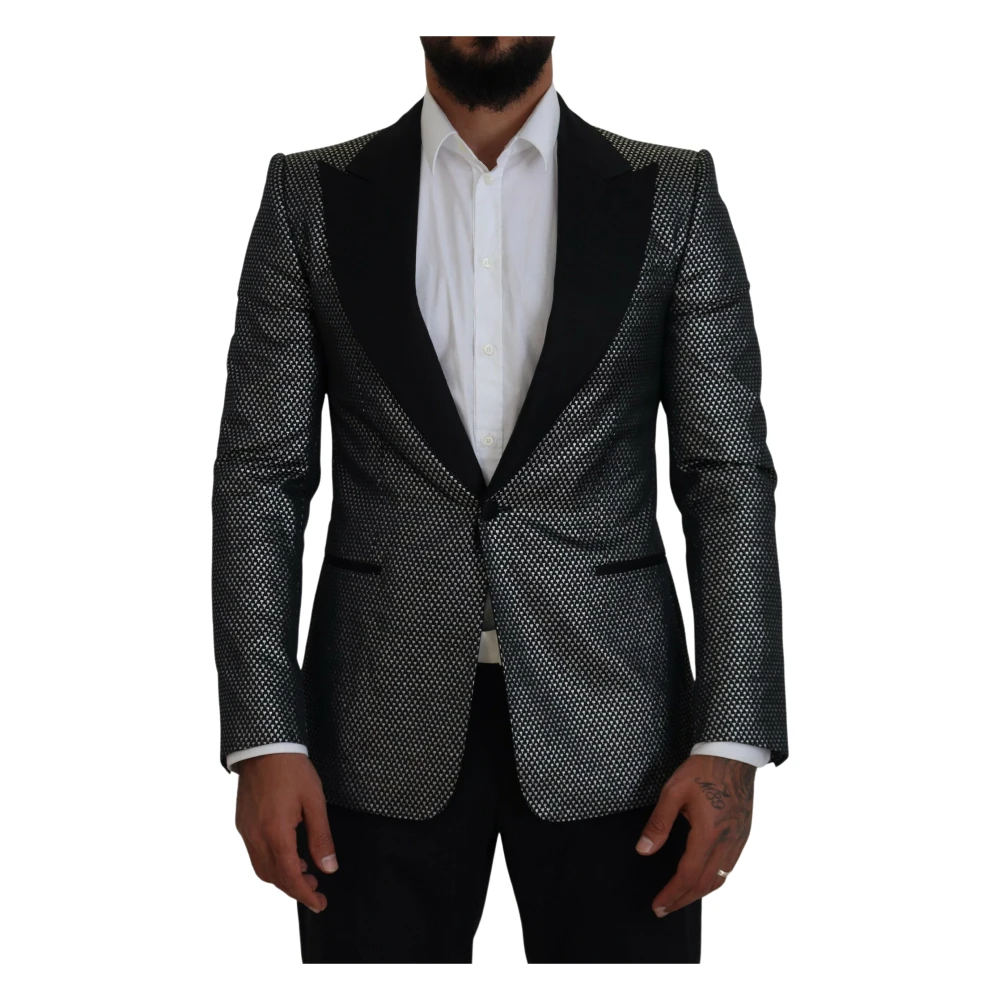 Dolce & Gabbana Mannelijk Zwart Jassen Heren, S, Polyester, Zilver Jacquard Slim Fit Jas Blazer