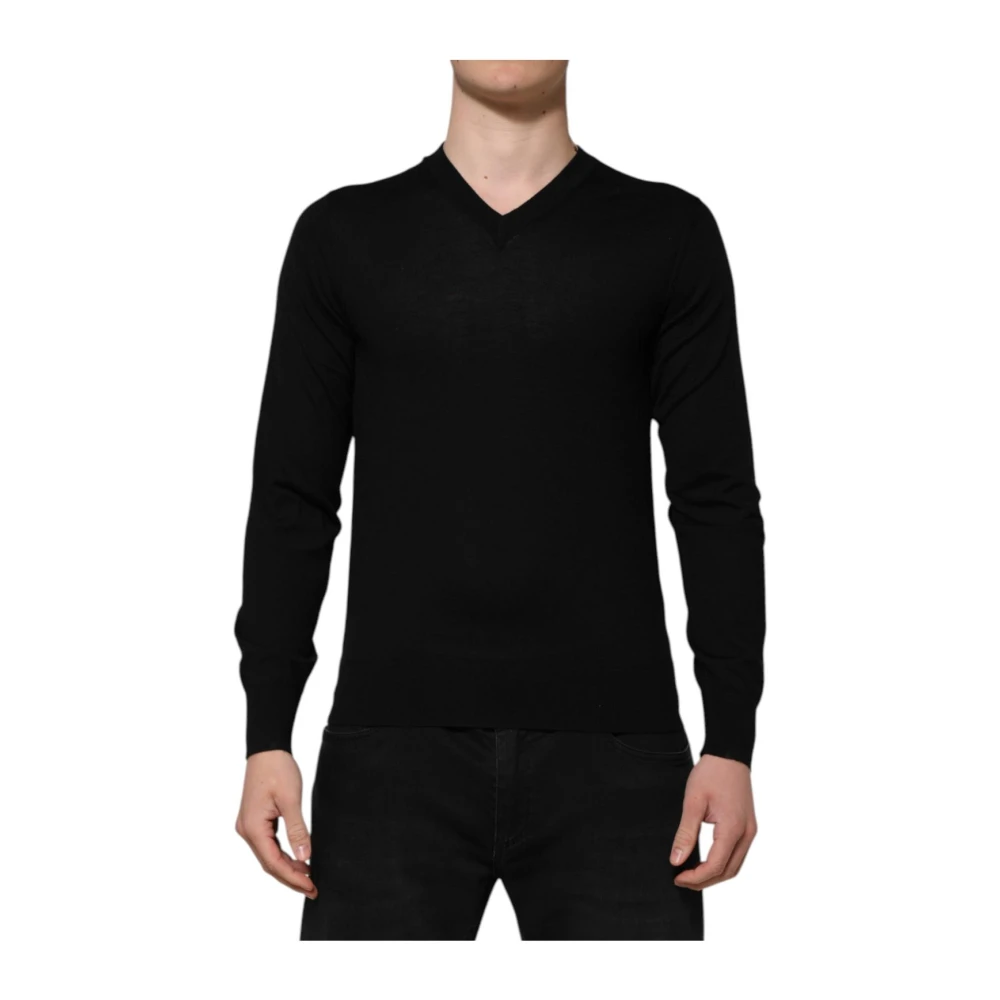 Dolce & Gabbana Men's Black V-Neck Knitwear, M, Luxurious Logo Wool Pullover Jumper