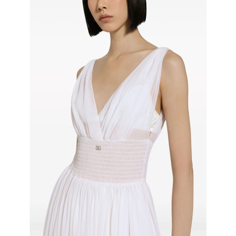 Dolce & Gabbana Witte Zijden V-Hals Jurk White Dames
