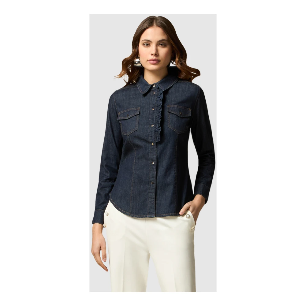 Oltre Denim Ruffle Blouse Blue Dames