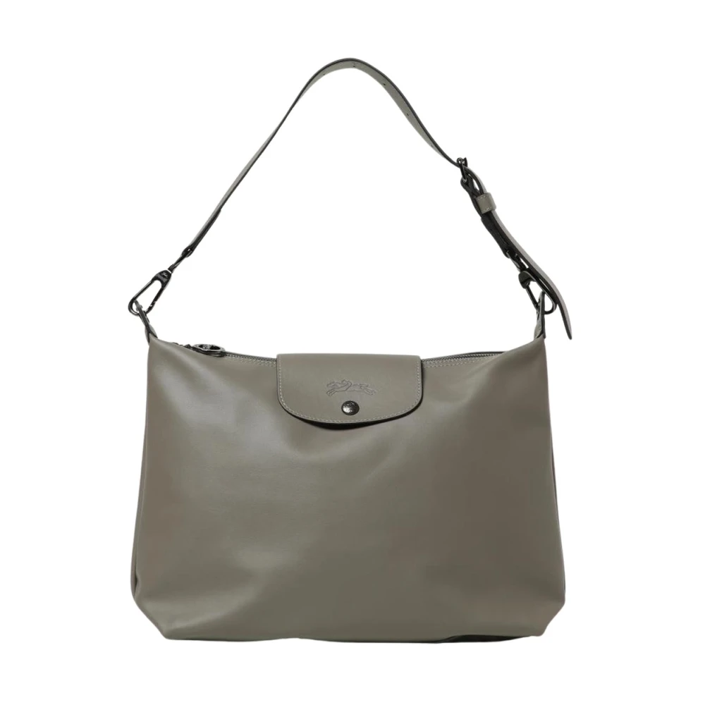 Longchamp Women's Gray Leather Handbag With Adjustable Shoulder Strap And Top Zip Closure