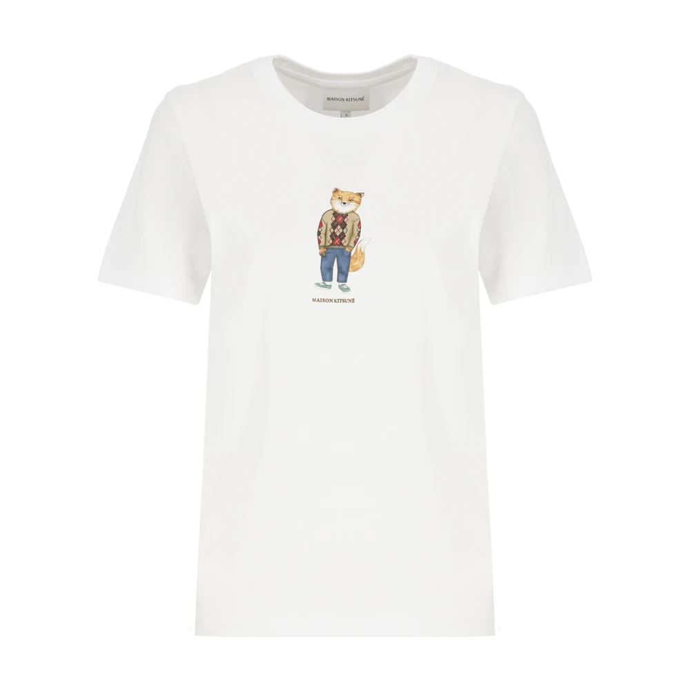 Maison Kitsuné Wit Katoenen T-Shirt met Dressed Fox Print White Dames