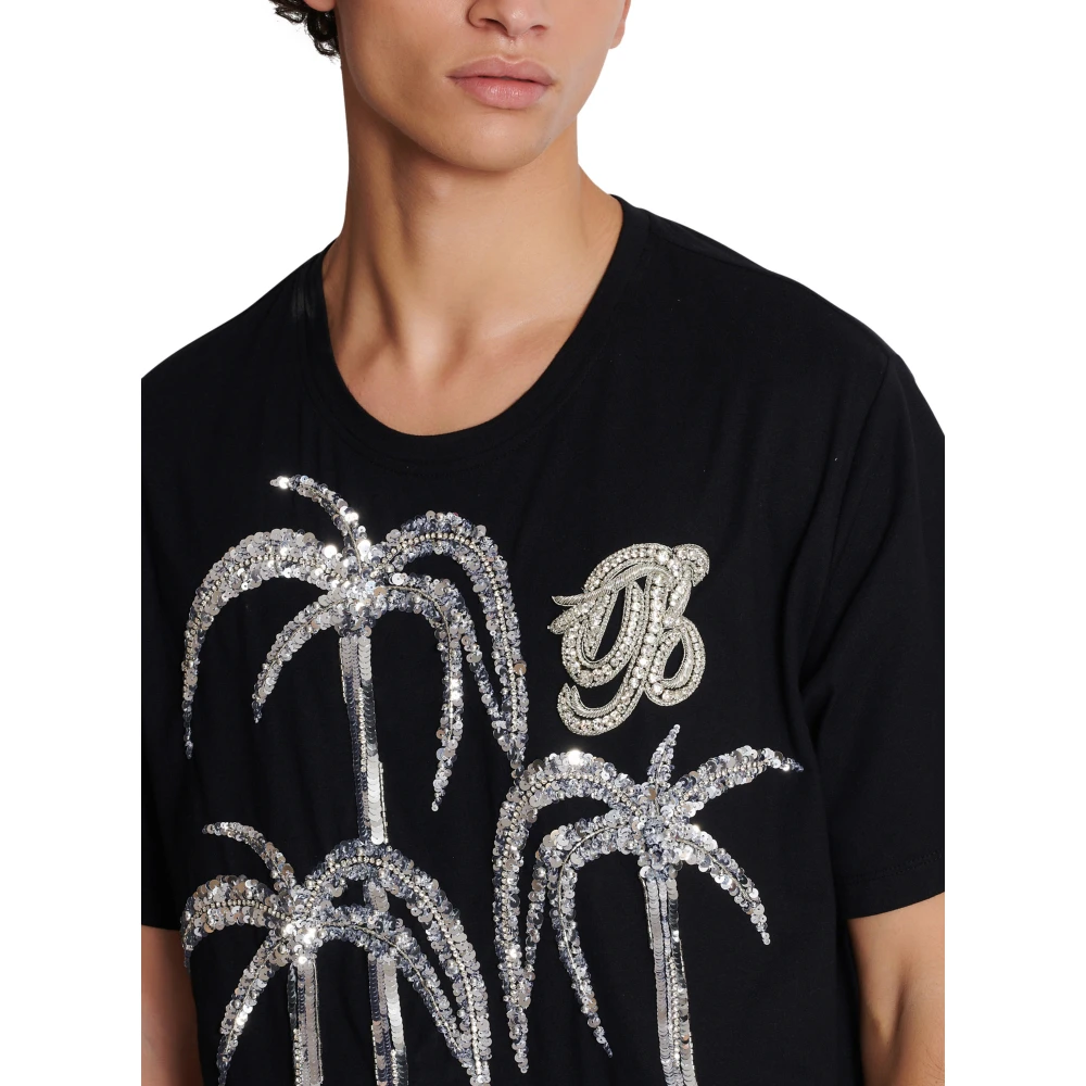 Balmain Palmboom geborduurd T-shirt Black Heren