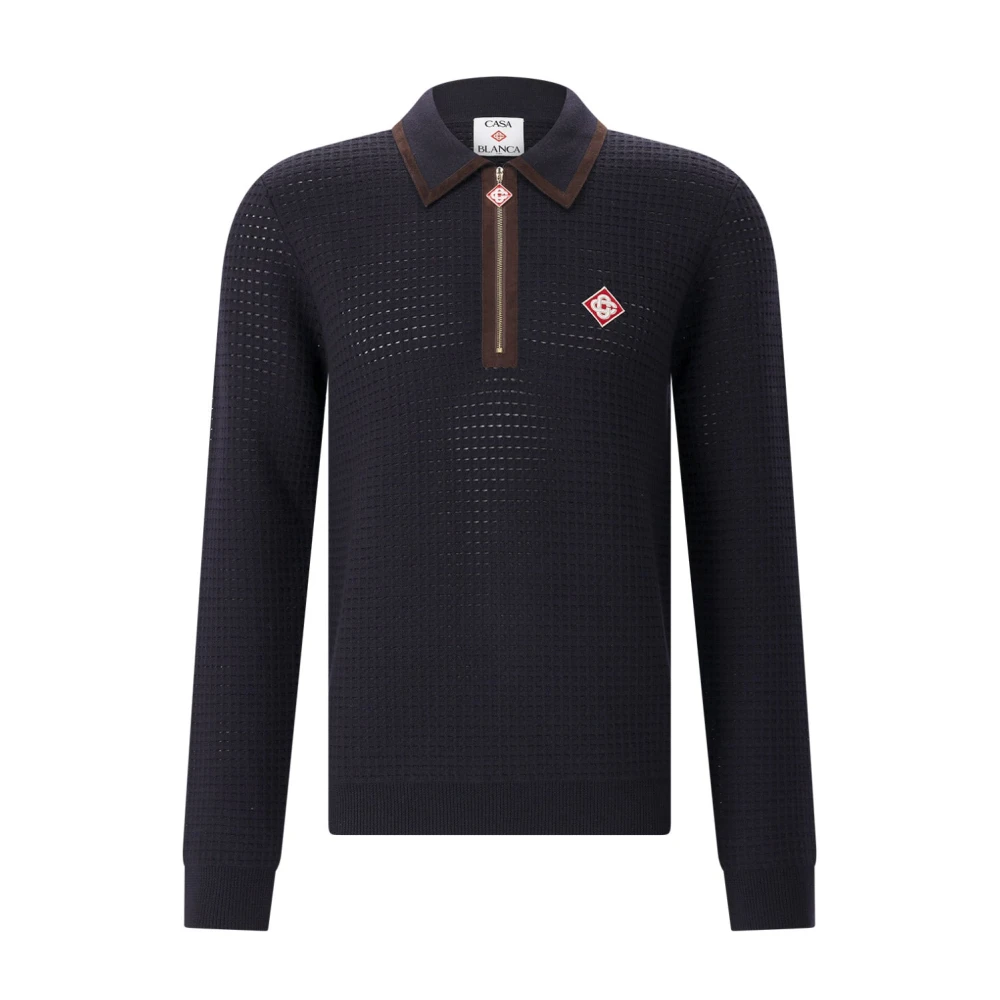 Casablanca Paris Men's Brown Navy Wool Waffle Stitch Long Sleeve Polo Shirt In Size Xl By - Image 4