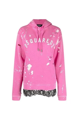 Hoodie med Distressed Painted Lace