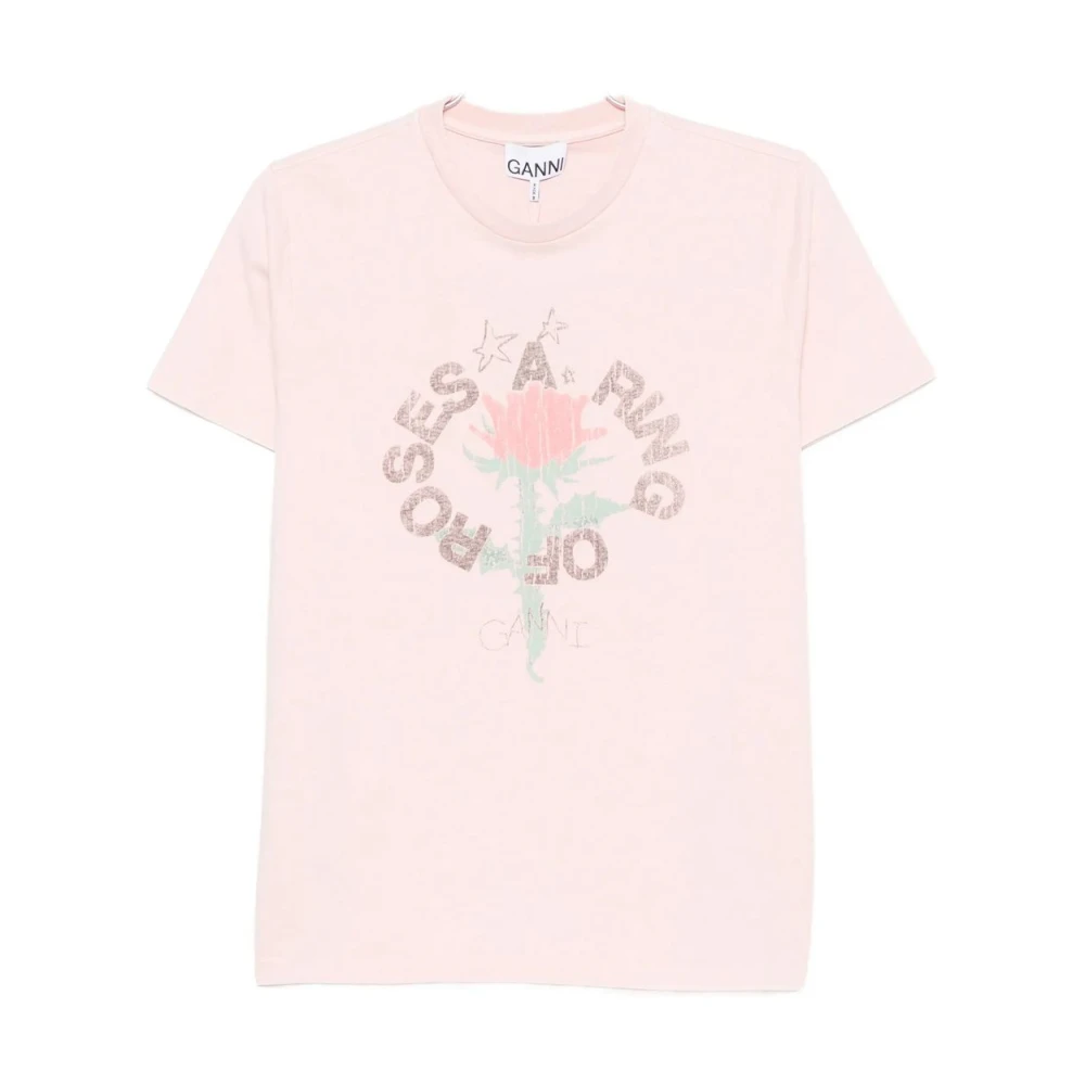 Ganni Pink T-Shirts, Female, L, T-Shirt With Rose