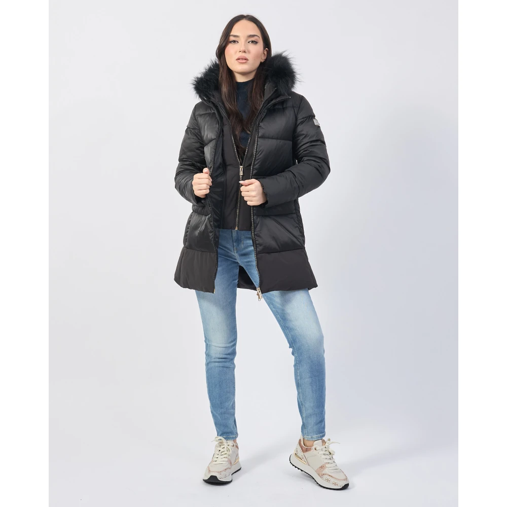 YES ZEE Zwarte Gewatteerde Jas met Bont Capuchon Black Dames