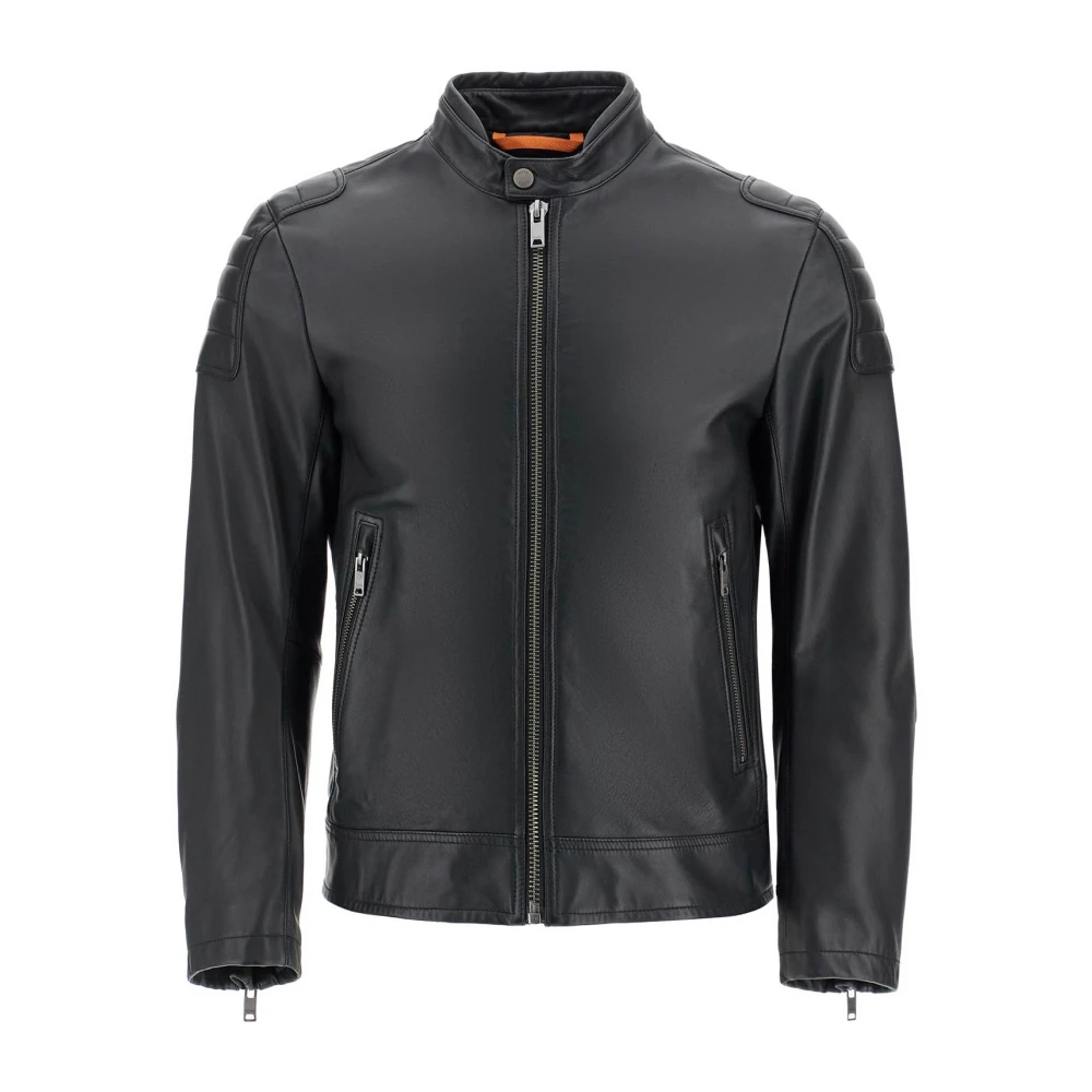 Boss Gewatteerde Hoge Kraag Leren Jas Black Heren