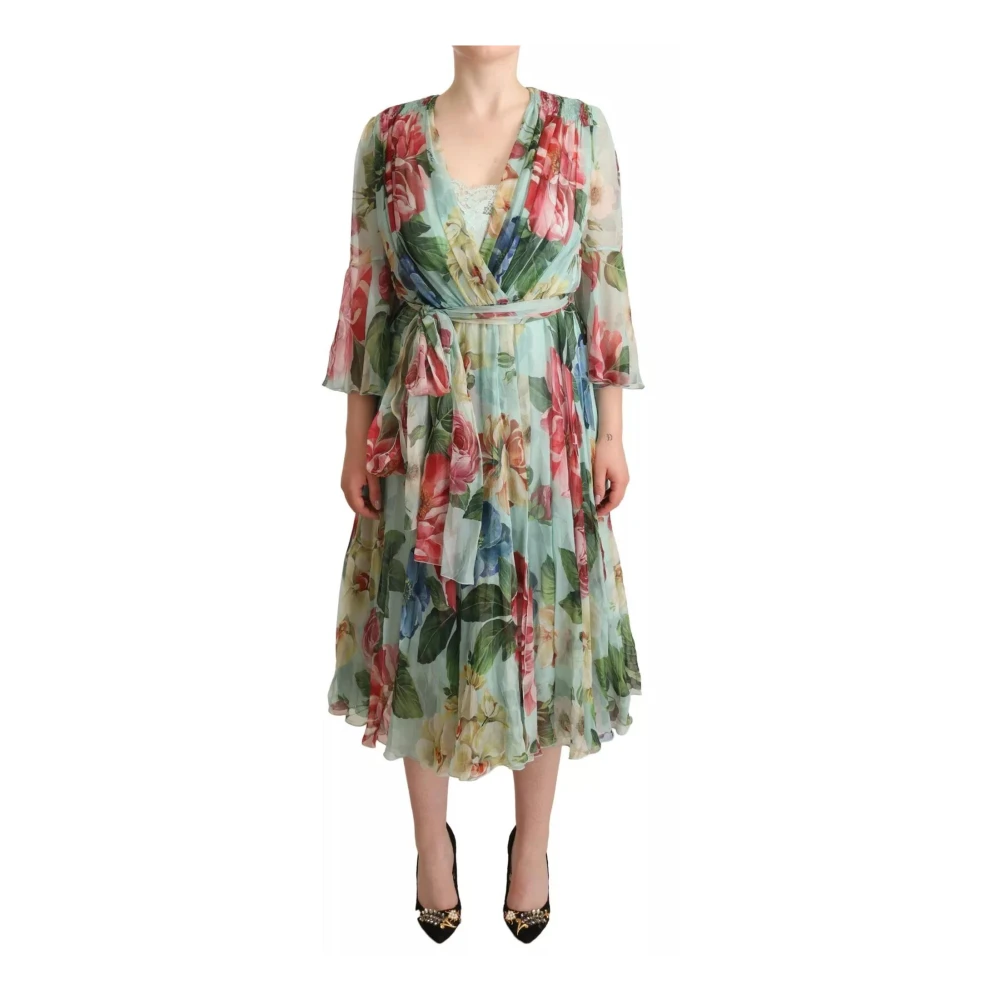 Dolce & Gabbana Women's Multicolor Midi Dresses, M, Floral Print Silk Dress - Blue
