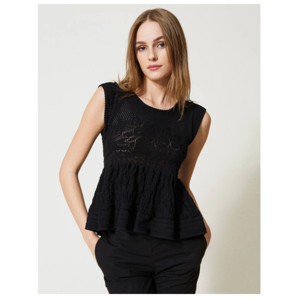Twinset Uitlopende Gebreide Top met Bloemendesign Black Dames