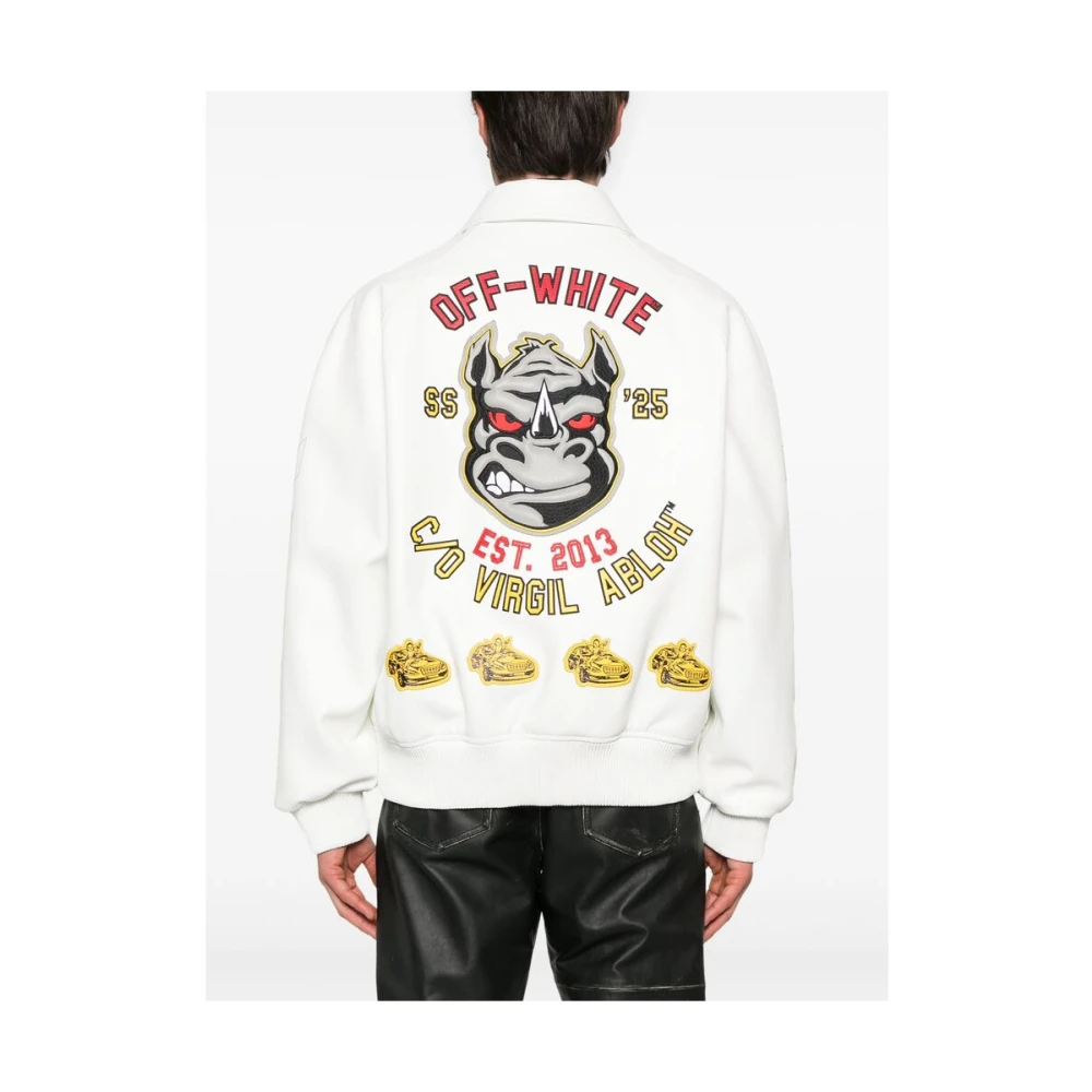 Off White Witte Leren Jas met Geborduurd Logo Multicolor Heren