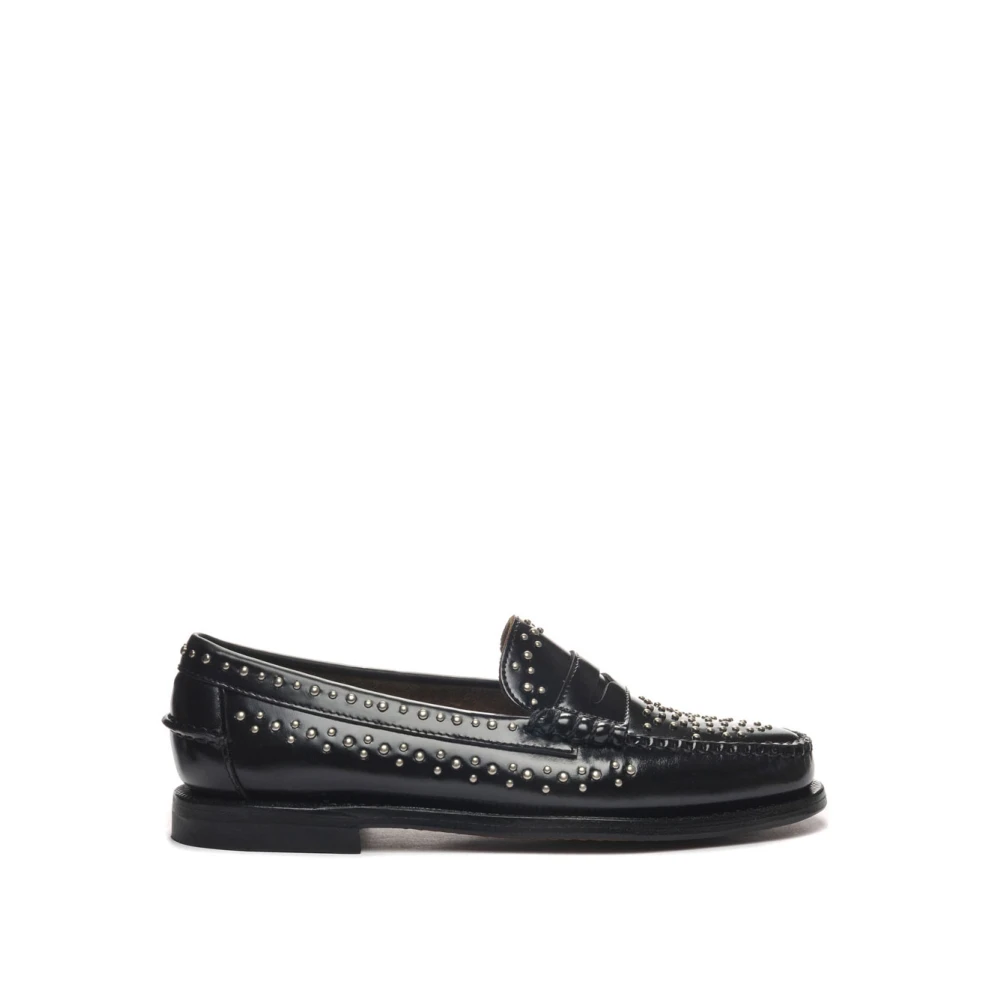 Sebago Women's Black Loafers, 6 Uk, Leather Studded Loafers
