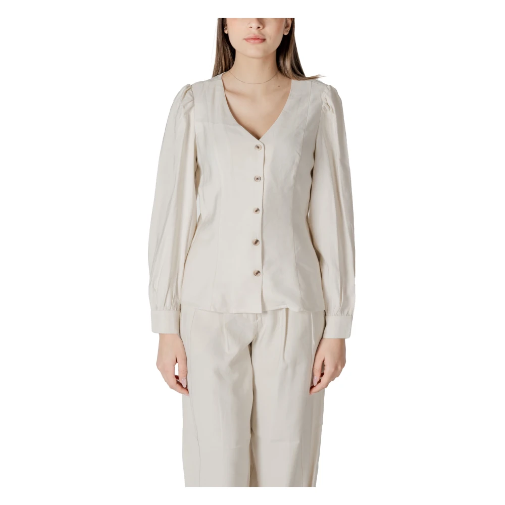 Vila Women's White V-Neck Button-Up Long Sleeve Blouse