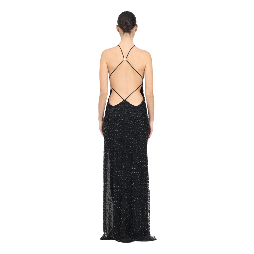 Elisabetta Franchi Zwarte lange jurk met kristaltextuur Black Dames