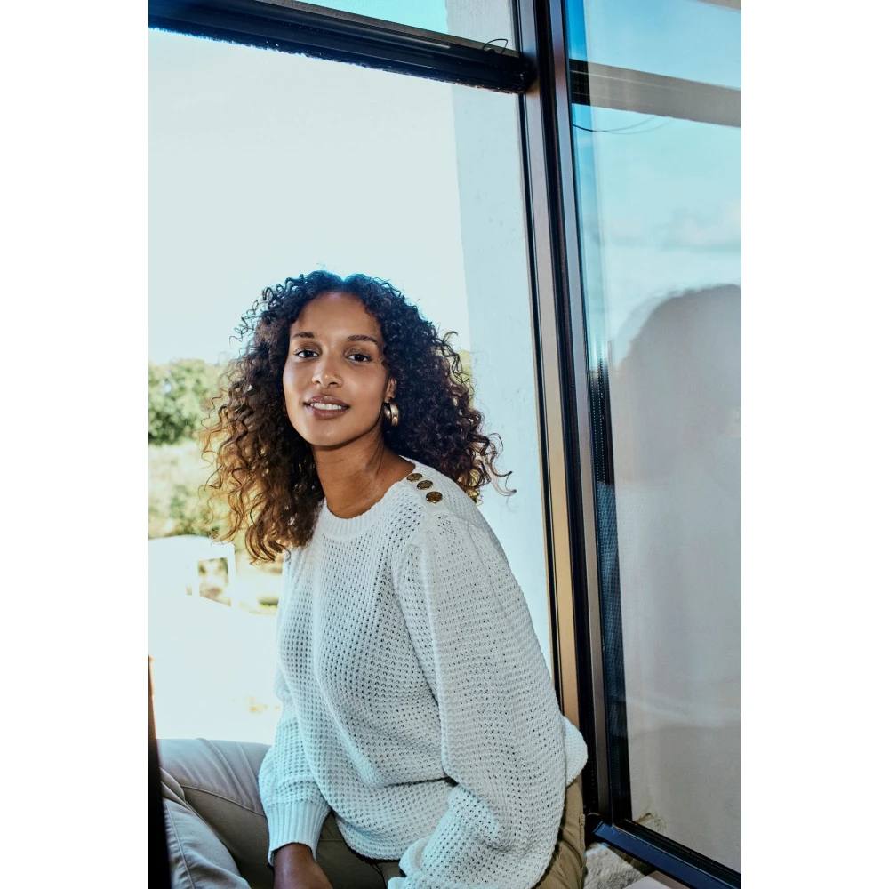 Freequent Off-White Gebreide Trui met Knoopdetail White Dames
