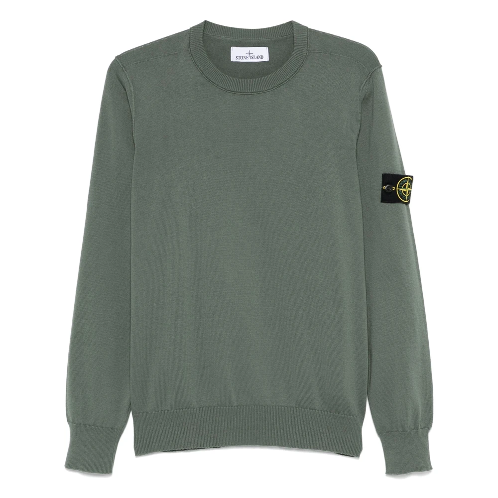 Stone Island Men's Green Round-Neck Knitwear, Xl, Ribbed Jumper With Badge