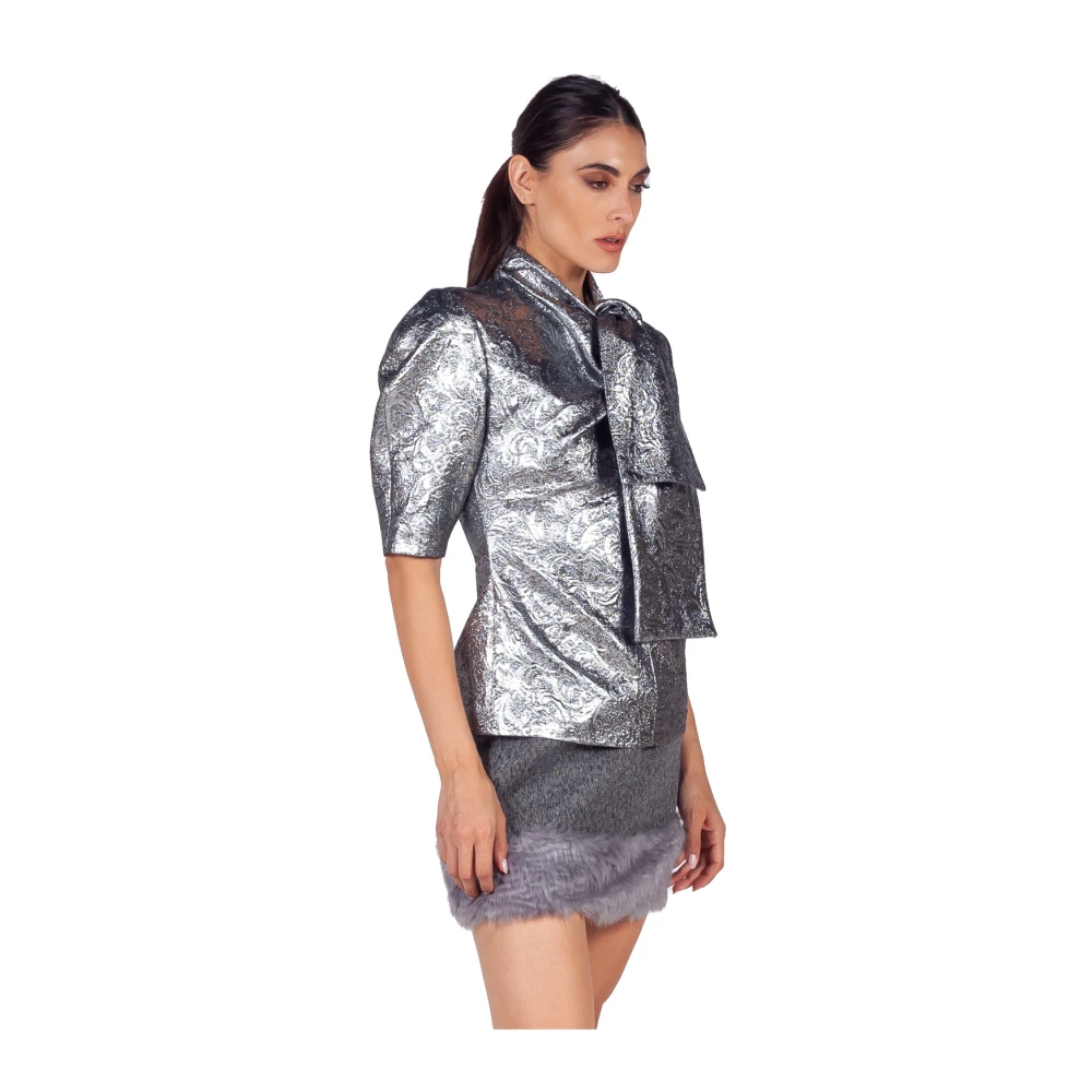 Msgm Metallic Jacquard Strik Hals Blouse Gray Dames
