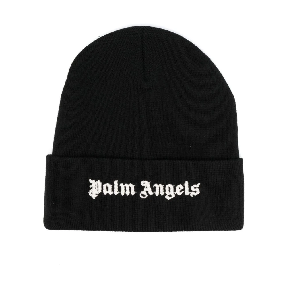 Palm Angels Zwarte Gebreide Muts met Wit Logo Black Dames