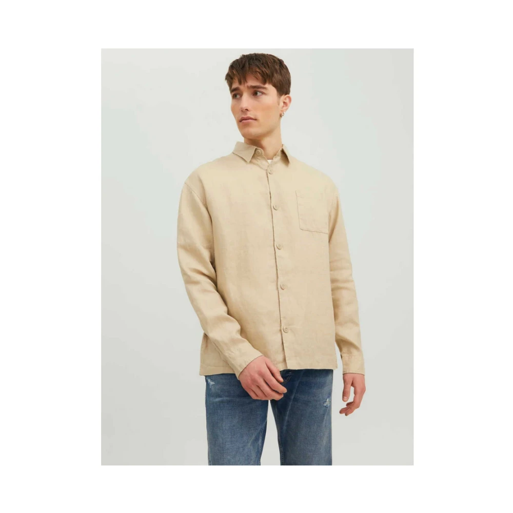 jack & jones Wit Casual Overhemd met Lange Mouwen Beige Heren