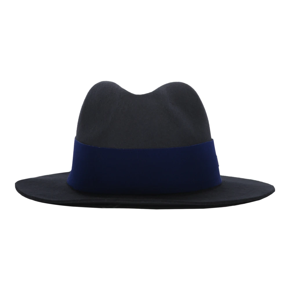 Emporio Armani Leren Detail Wollen Fedora Hoed Blue Heren