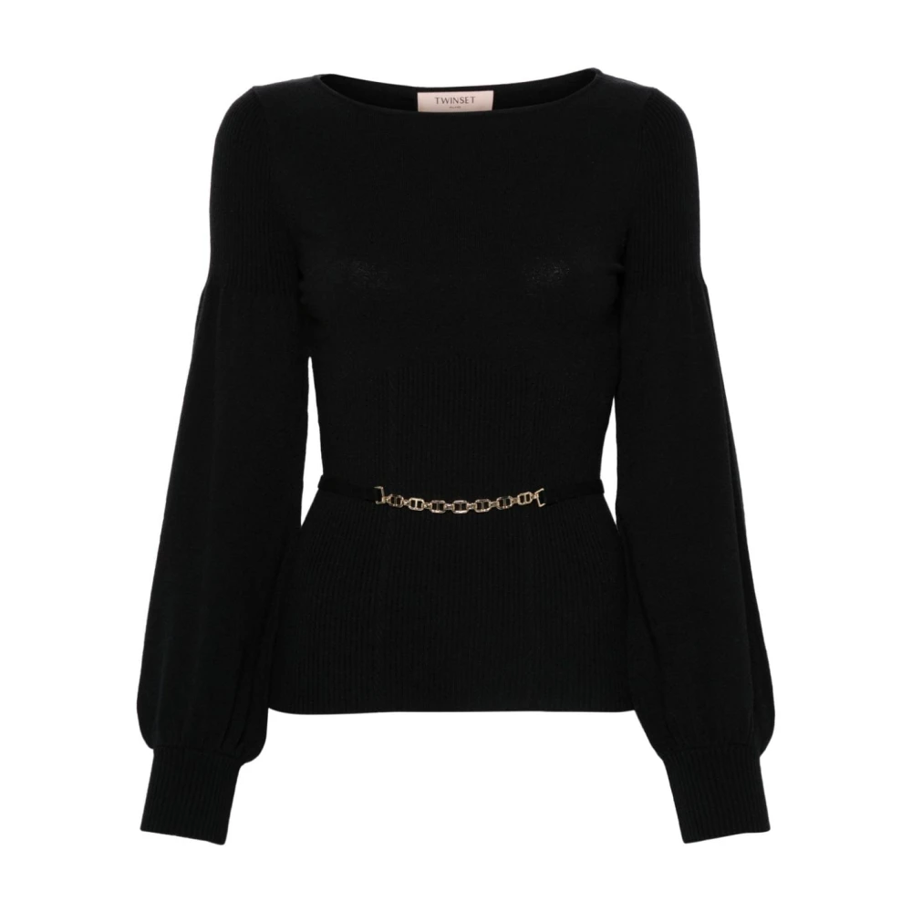 Twinset Zwarte Gebreide Boothals Ballonmouw Sweaters Black Dames