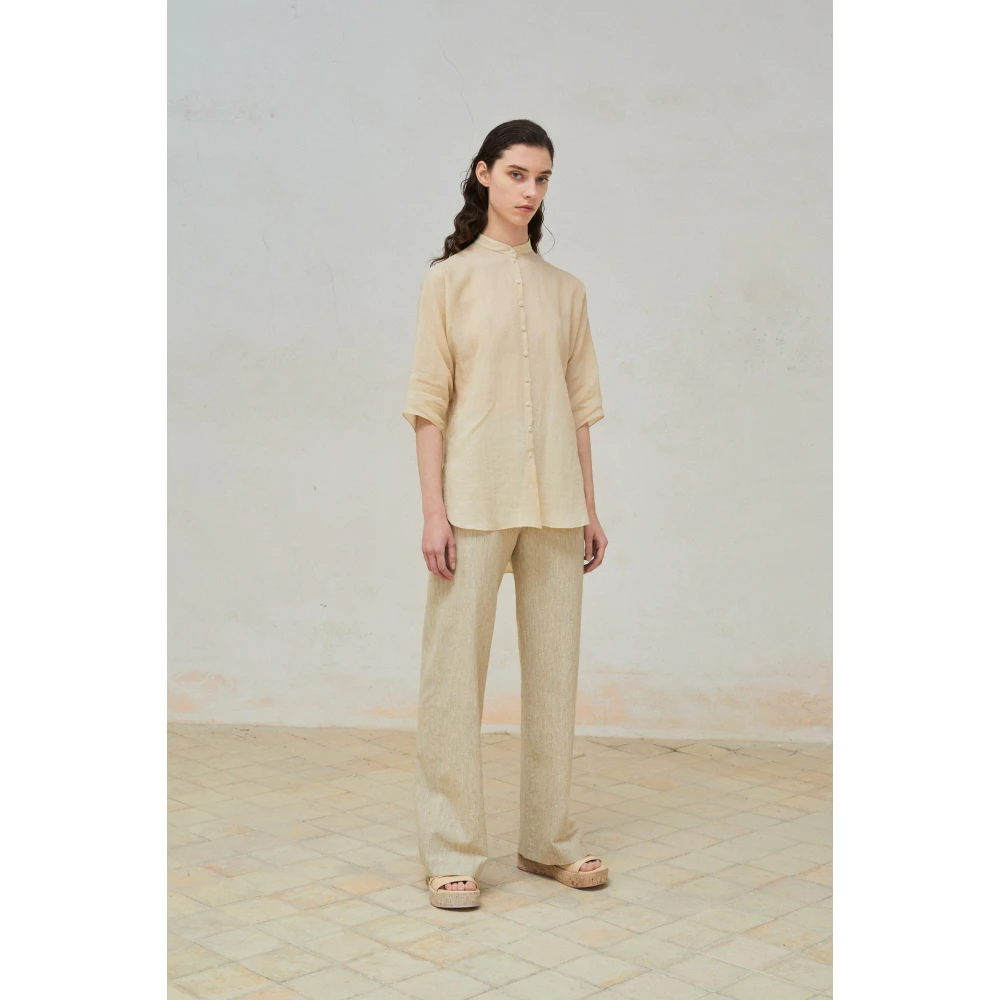 Cortana Beige Wol Linnen Hoge Taille Broek Beige Dames