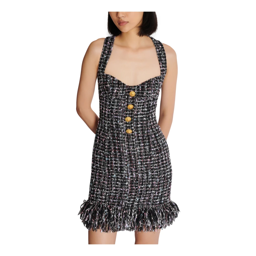 Balmain Korte tweedjurk met knopen Black Dames