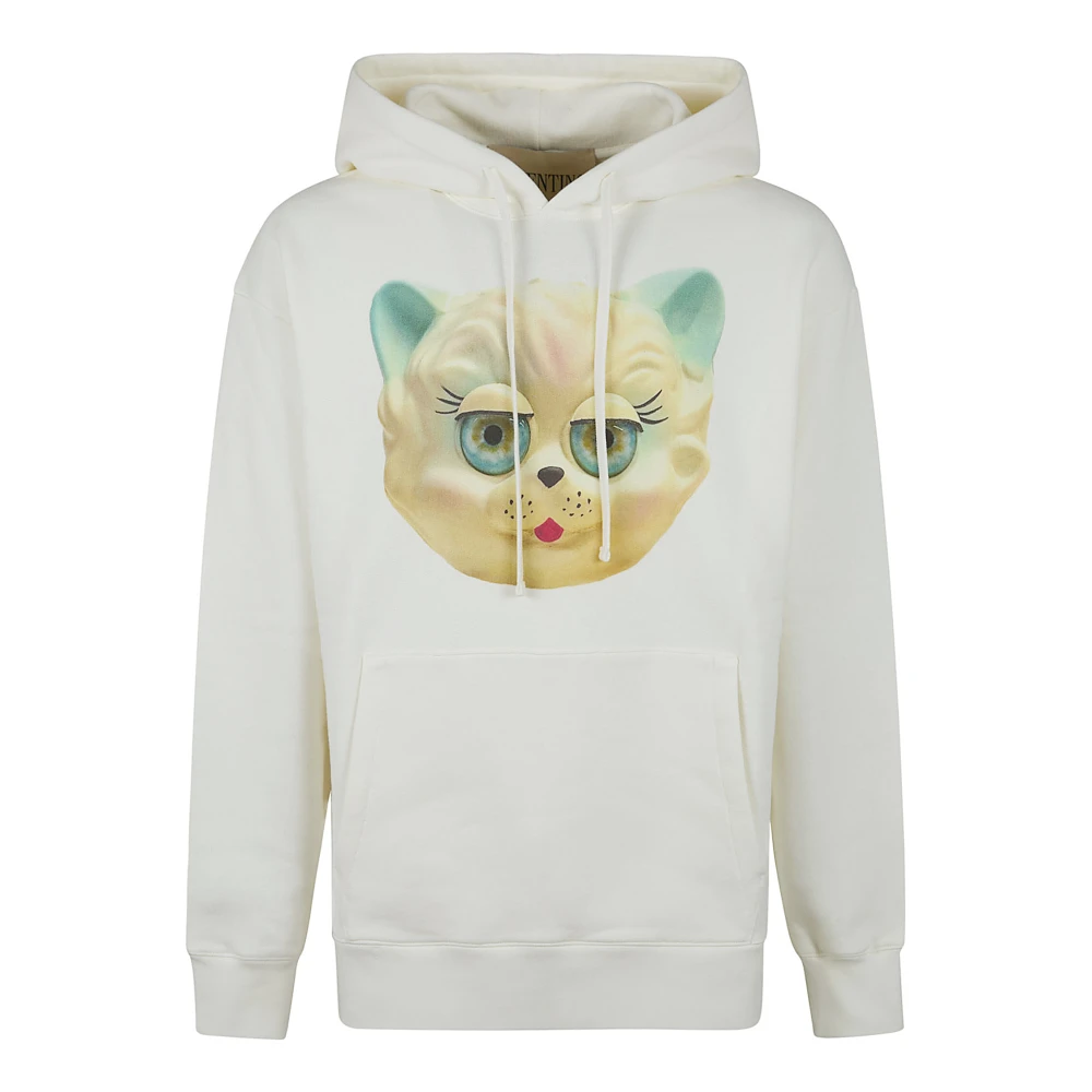 Valentino Garavani , Hoodies, Male, Beige, L, Cotton Hooded Sweatshirt With Le Chat De La Maison Print
