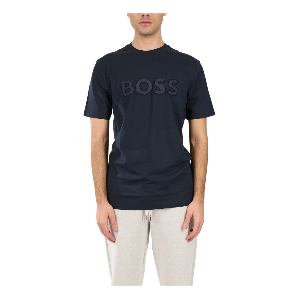 Hugo Boss Katoenen T-shirt met Frontlogo Blue Heren