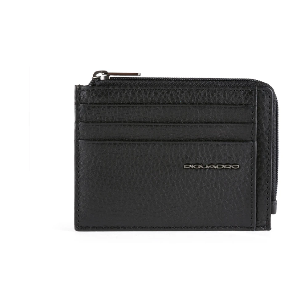 Piquadro Svart Zipped Coin Purse In Leather With Document Holder, Credit Card Slots And Rfid Protection