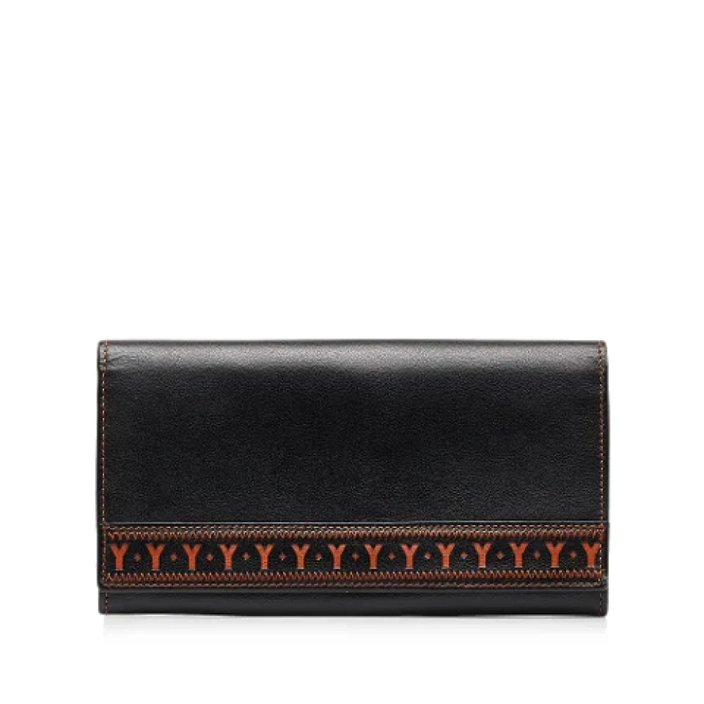Yves Saint Laurent Vintage Zwarte leren lange portemonnee met ritsvak Black Dames