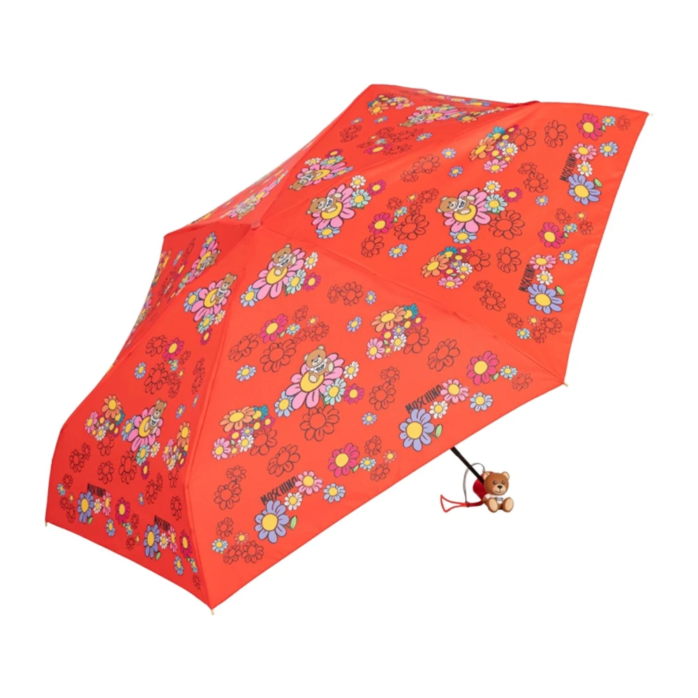 Moschino Röd Blommig Paraply med Leksaksbjörn Red, Dam