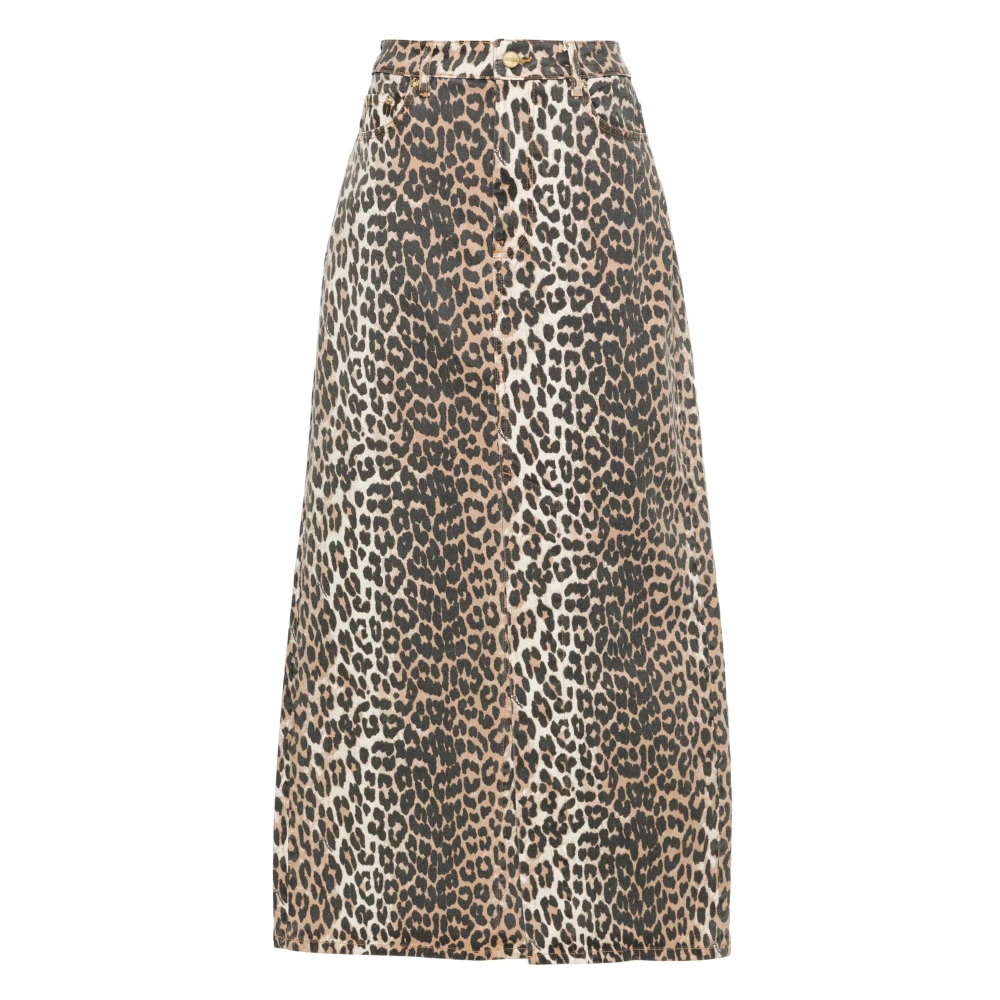 Ganni Leopard-Print Denim Midi Rok Brown Dames