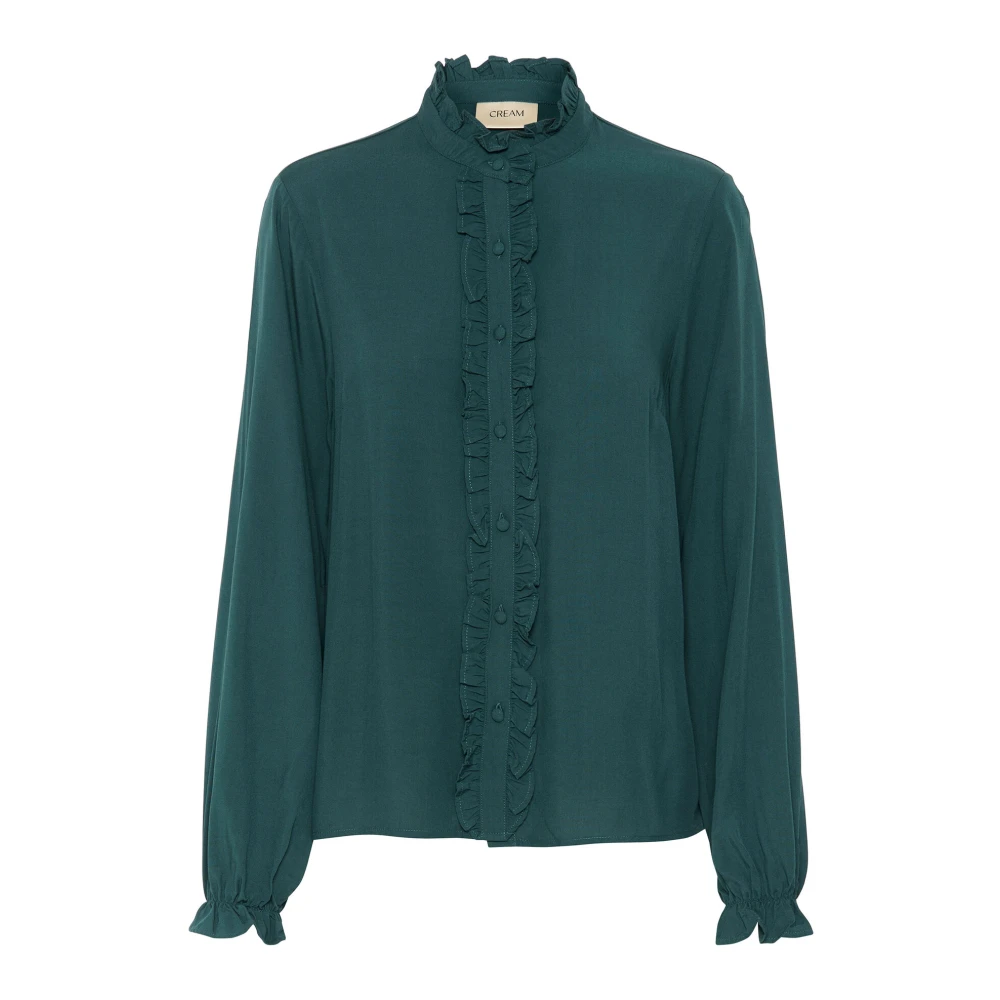 Cream Green Shirts, Female, Xs, Frill Shirt With Puff Sleeves Sea Moss