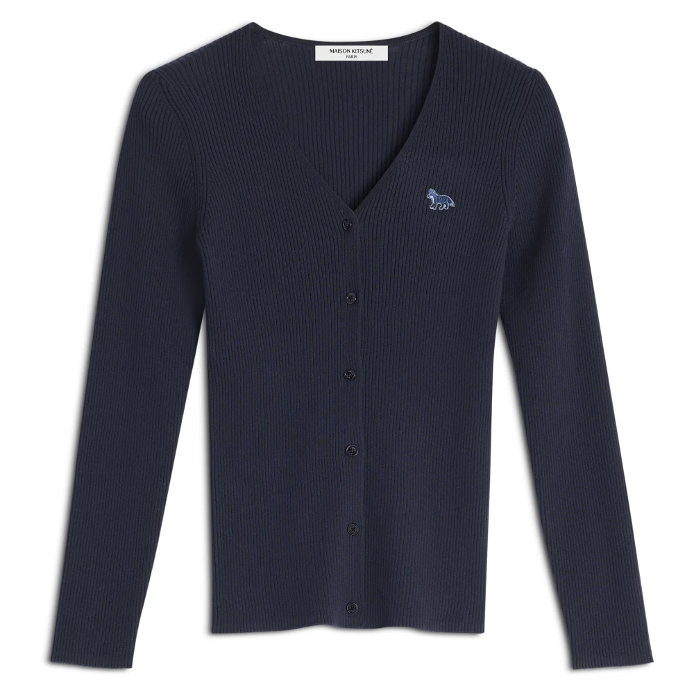 Maison Kitsuné Women's Blue Cardigans,, Baby Fox Patch Ribbed Cardigan Medium