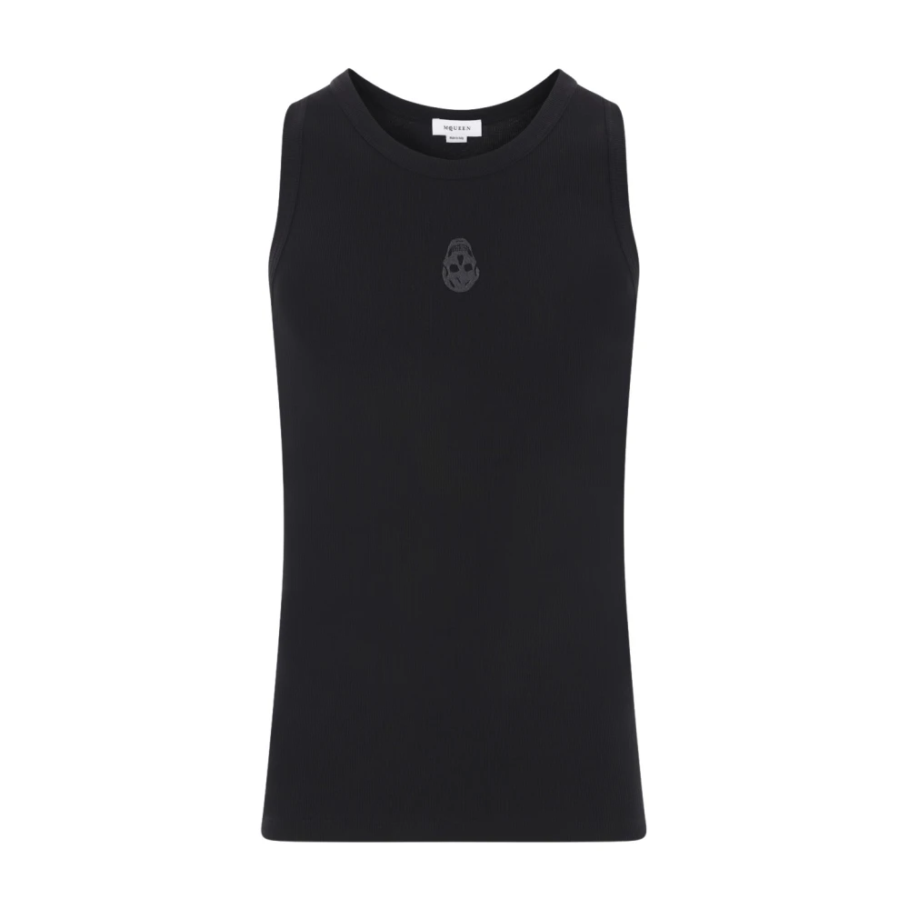 Alexander mcqueen Zwarte Geribbelde Katoenen Tanktop met Omgekeerd Skull Borduurwerk Black Heren