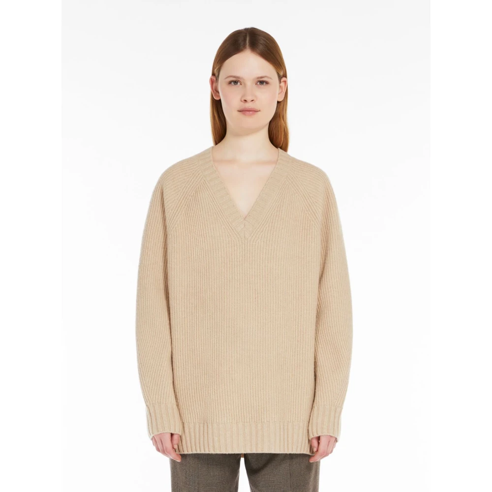 Max Mara Weekend V-Hals Gebreide Trui in Wol Kasjmier Mix Beige Dames