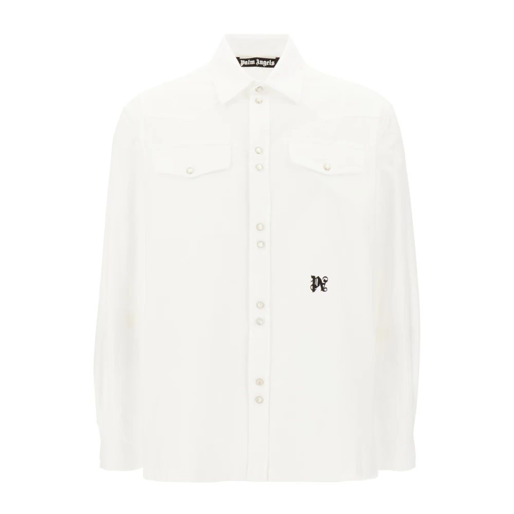 Palm Angels - Camisa De Algodón Con Monograma Bordado - Shirts - Hombre - Blanco - S