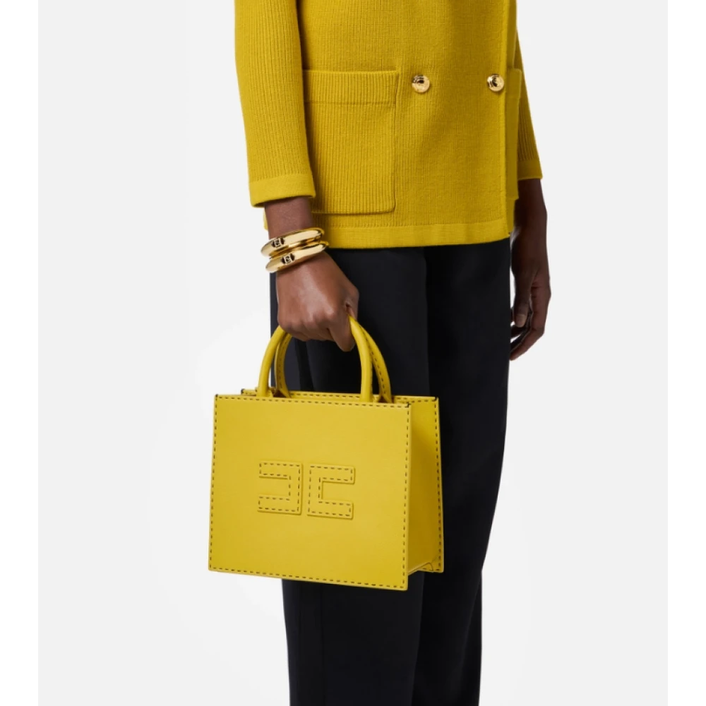 Elisabetta Franchi Gele Kleine Tote Handtas met Dubbel C Patch Logo Yellow Dames